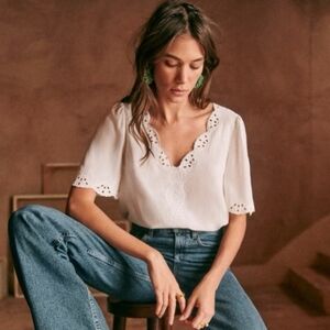 SÉZANE Francia 100% Silk Ivory Ecru Embroidered Battenberg Trim Blouse NWOT